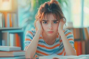 Young Woman Studying in a Library with Books and a Serious Expression photo