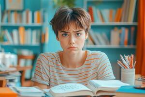 A Young Woman With Short Hair Looks Up From Her Open Notebook While Sitting At A Desk photo
