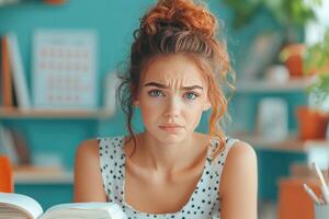 A Young Woman with a Worried Expression Looks at the Camera photo