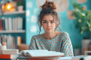 Young Woman with Frown Studying at a Desk photo