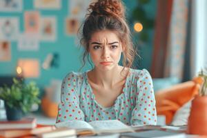 Young Woman with a Frowning Expression Studying at a Desk photo