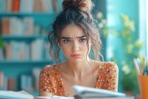 Young Woman with a Frowning Expression in a Library photo