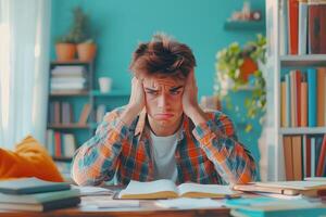 Frustrated Young Man Studying at a Desk with Books photo