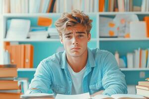 Young Man Sitting at a Desk in a Library, Looking Serious photo
