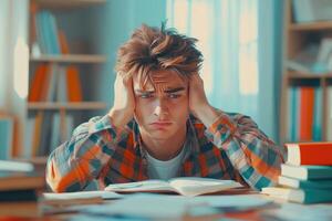 Frustrated Young Man Studying at a Desk Surrounded by Books photo