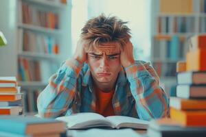 Frustrated Young Man Studying in a Library photo