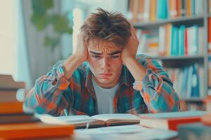 Frustrated Young Man Studying in Library with Books photo