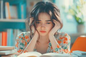 Tired Young Woman with Long Brown Hair Leaning on Hands photo