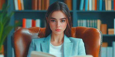 A Young Woman in a Blue Blazer Sitting in a Leather Chair and Reading a Book photo