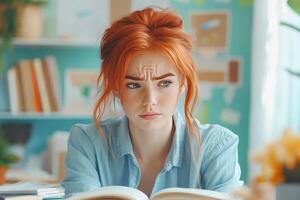 Thoughtful Young Woman with Red Hair Reading a Book photo