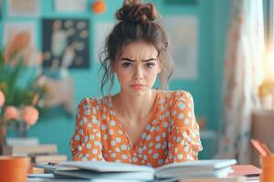 A Young Woman in a Polka Dot Dress Looks Frustrated While Studying at a Desk photo