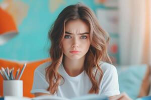 A Young Woman with Long Brown Hair Looks Up with a Frustrated Expression photo