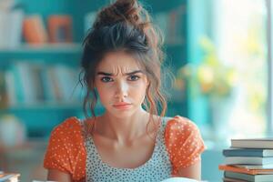 Frustrated Young Woman with Books in a Library Setting photo