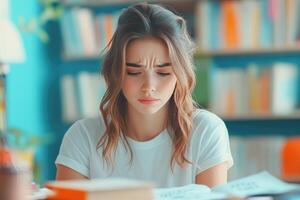 Young Woman with Long Brown Hair Studying in a Library photo