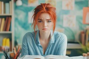 Young Woman with Red Hair Looking Frustrated at Open Book photo