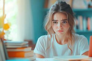 Young woman with a serious expression, studying at a desk with books photo