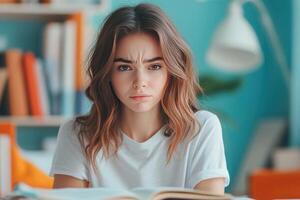 A young woman with a furrowed brow, looking intently at something photo