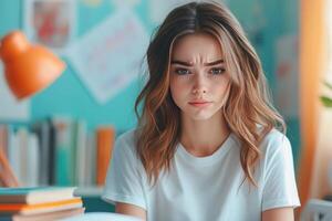 Young Woman with Frowning Expression in a White T-Shirt photo