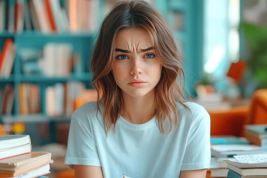 Young Woman with Frowning Expression in Library Setting photo