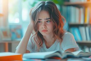 Young Woman with Concerned Expression Studying in Library photo