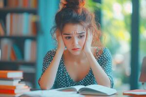 Young Woman in Polka Dot Dress Feeling Overwhelmed While Studying photo