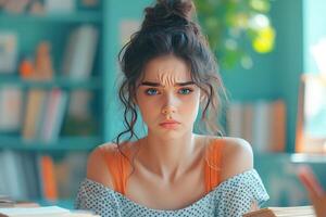 A Young Woman with a Frown and Blue Eyes Looks at the Camera photo