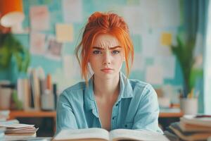 A Young Woman with Red Hair Sits at a Desk, Looking Discouraged with Her Studies. photo