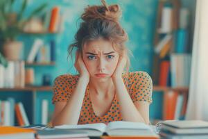 Young woman in a polka dot dress with her hands over her ears, looking distressed over a stack of books. photo