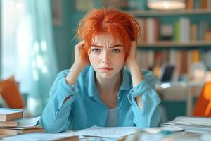 Young Woman with Red Hair Sitting at Desk with Papers and Books photo