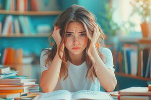 A Young Woman With An Exhausted Expression While Studying photo