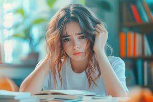 A Young Woman Resting Her Head On Her Hand While Studying photo