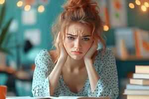 A Young Woman with Red Hair Looks Disappointed While Sitting at a Desk photo