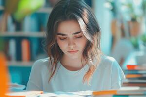 Young woman with serious expression looking down at a book photo
