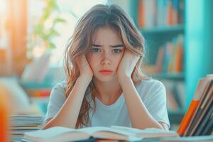 Exhausted Young Woman Leaning on Hands with Books photo