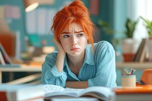 Red-Haired Woman Resting Chin On Hand While Looking At Open Book photo
