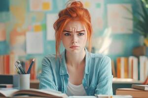 Red-haired young woman sitting at a desk, looking thoughtful photo