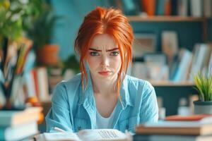 Young woman with red hair looking frustrated while studying. photo