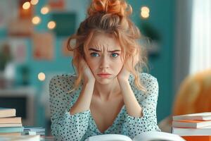 Woman with Red Hair and Blue Eyes Leans on Desk in Front of Books photo