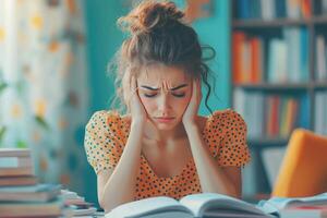 A Woman in a Polka Dot Dress Looks Stressed While Studying photo