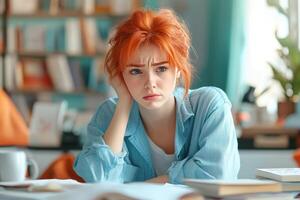 Thoughtful Young Woman with Red Hair Studying at a Desk photo