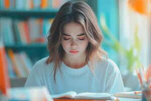 Young Woman Focused on Studying in a Library photo