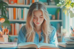 Young Woman Concentrated Studying with Open Book photo