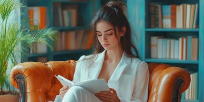 Woman Reading a Book in a Leather Armchair photo