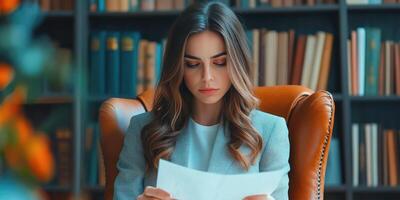 Woman in a Blue Blazer Reading a Document in a Leather Chair photo