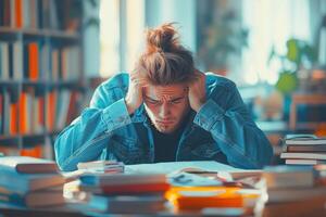 Frustrated Student Studying With Books in a Library photo