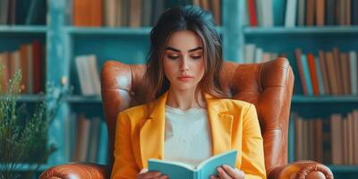 A Woman Dressed in Yellow Reading a Book in a Leather Chair photo