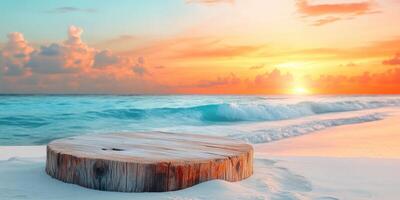 Wooden Log on Sandy Beach at Sunset photo