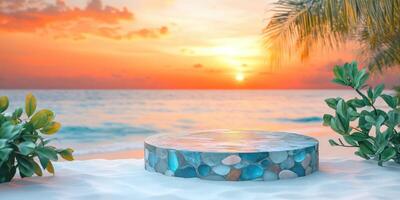 Stone Platform on Sandy Beach at Sunset with Palm Fronds and Lush Greenery photo