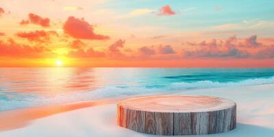 Wooden Platform on a Sandy Beach at Sunset photo