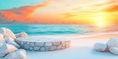 Stone Platform On A Sandy Beach With A Sunset Ocean View photo